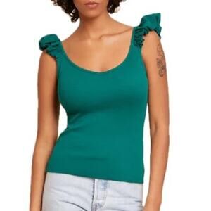 Nation LTD Ribbed V Neck Celeste Tank Top with Ruffle Bubble Straps in Emerald